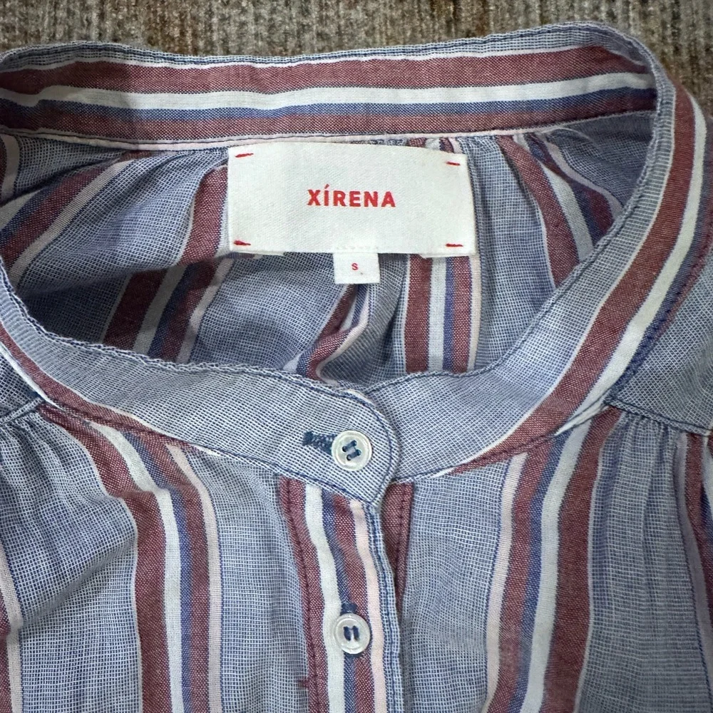 Xirena Women's Stripes Blue and Red Blouse Button Down Shirt - Picture 2 of 6